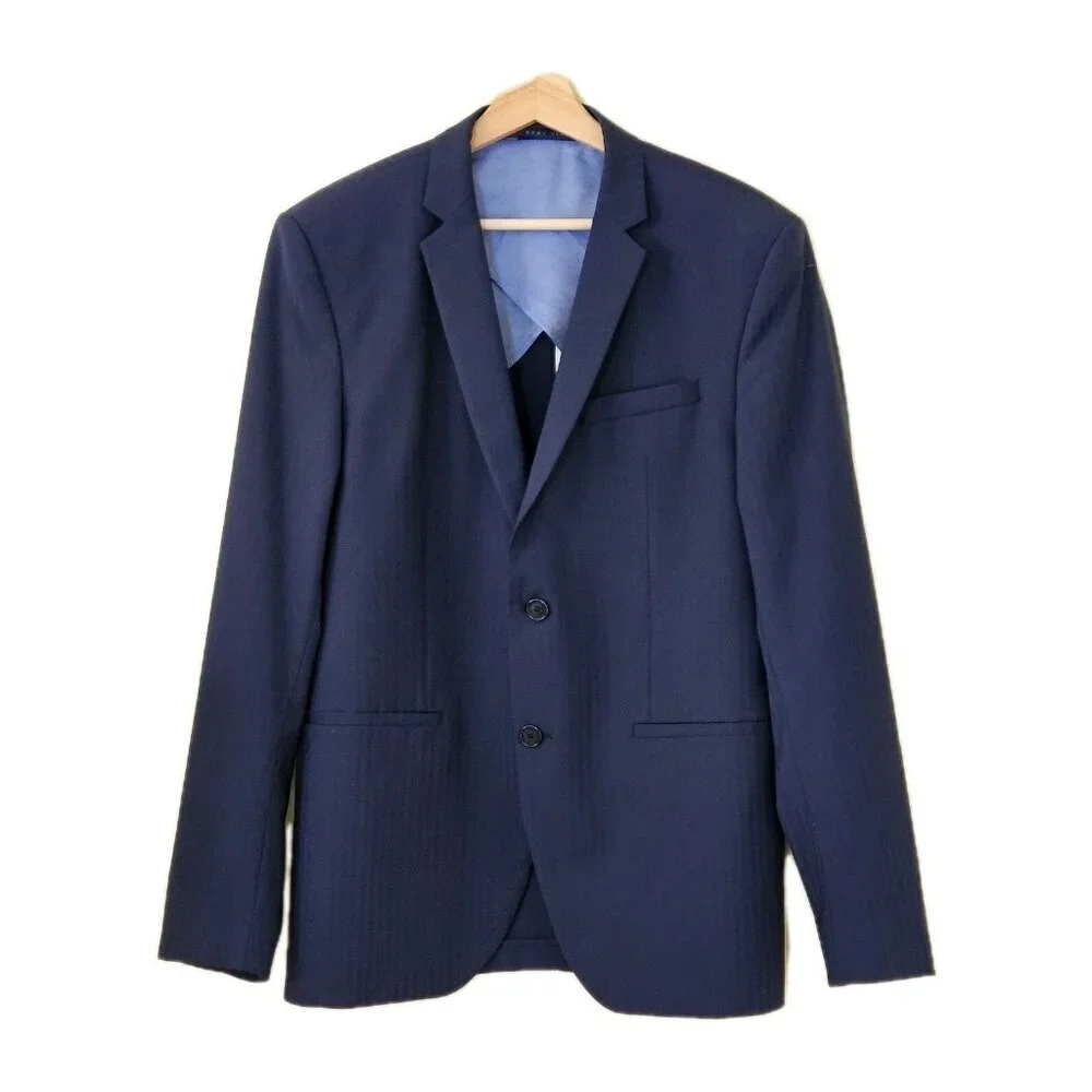 Zara Man Blazer Men US 40 Blue Stripe Wool Blend Lined Single Breasted 2B Vented